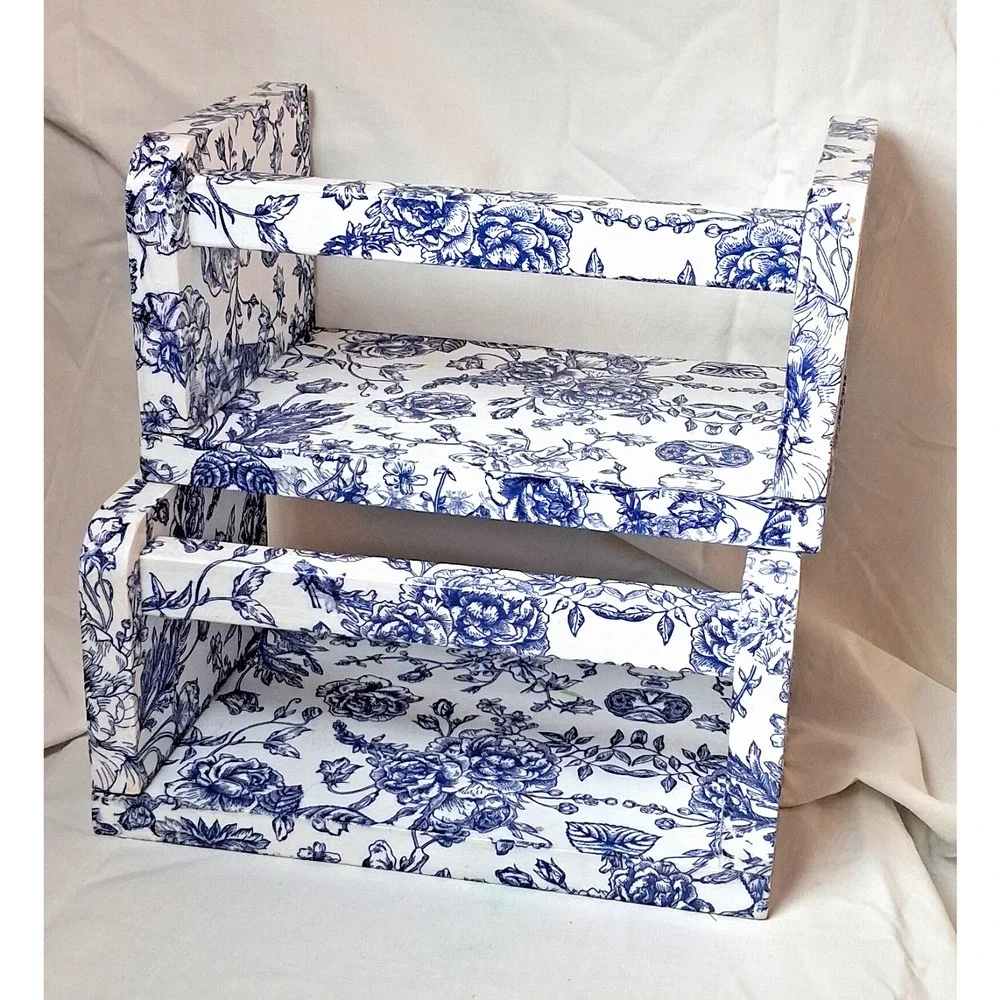Lot of 2 Decoupaged Blue & White Wood Shelves Wall Mount 8” Chinoiserie